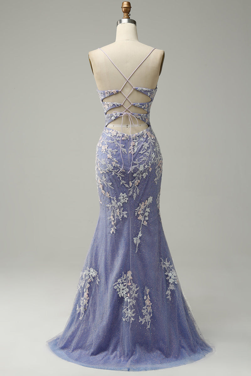 Load image into Gallery viewer, Light Blue Mermaid V Neck Long Prom Dress with Appliques Beading