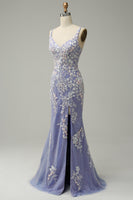 Load image into Gallery viewer, Light Blue Mermaid V Neck Long Prom Dress with Appliques Beading