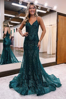 Load image into Gallery viewer, Sparkly Dark Green Mermaid Sequin Long Prom Dress
