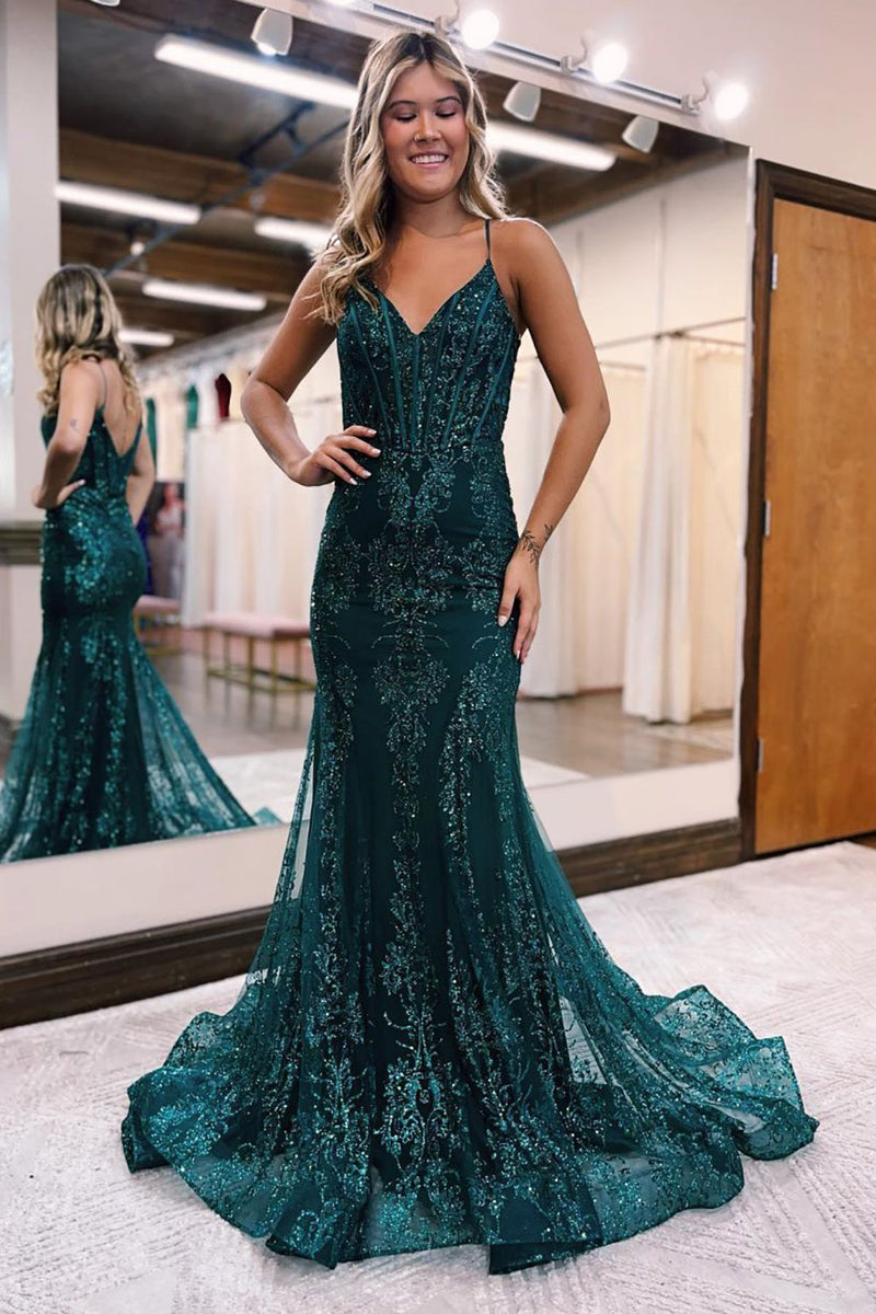 Load image into Gallery viewer, Sparkly Dark Green Mermaid Sequin Long Prom Dress
