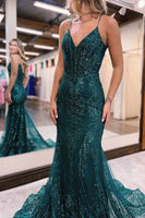Load image into Gallery viewer, Sparkly Dark Green Mermaid Sequin Long Prom Dress