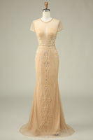 Load image into Gallery viewer, Luxurious Mermaid Jewel Neck Champagne Prom Dress with Beading