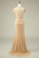 Load image into Gallery viewer, Luxurious Mermaid Jewel Neck Champagne Prom Dress with Beading