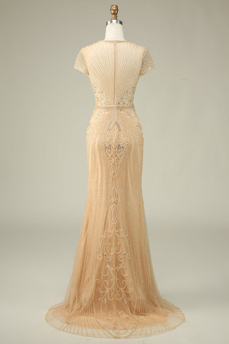 Load image into Gallery viewer, Luxurious Mermaid Jewel Neck Champagne Prom Dress with Beading