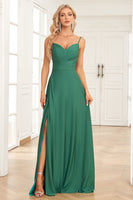Load image into Gallery viewer, Dark Green A Line Spaghetti Straps Long Simple Prom Dress