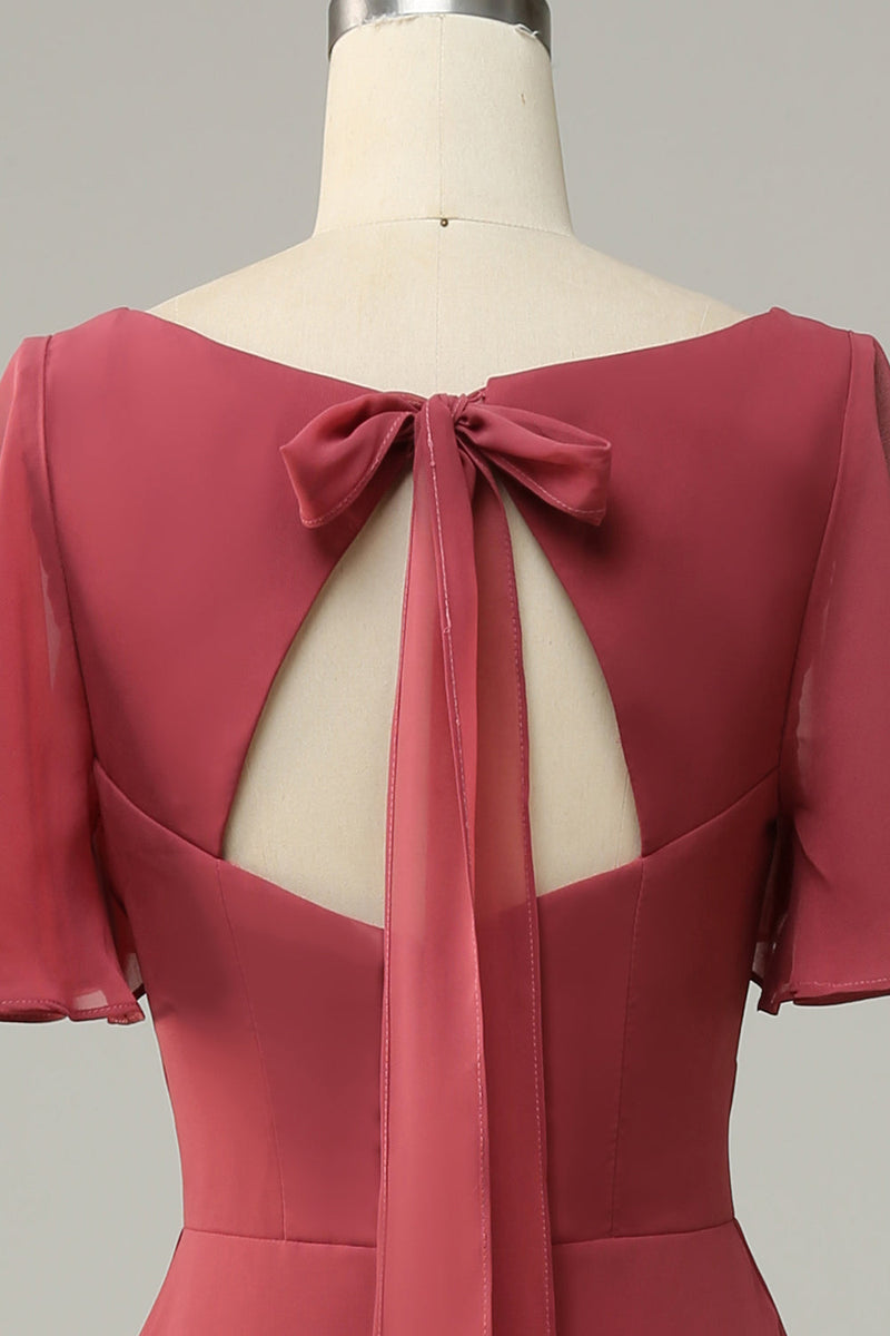 Load image into Gallery viewer, V Neck Short Sleeves Open Back Bridesmaid Dress