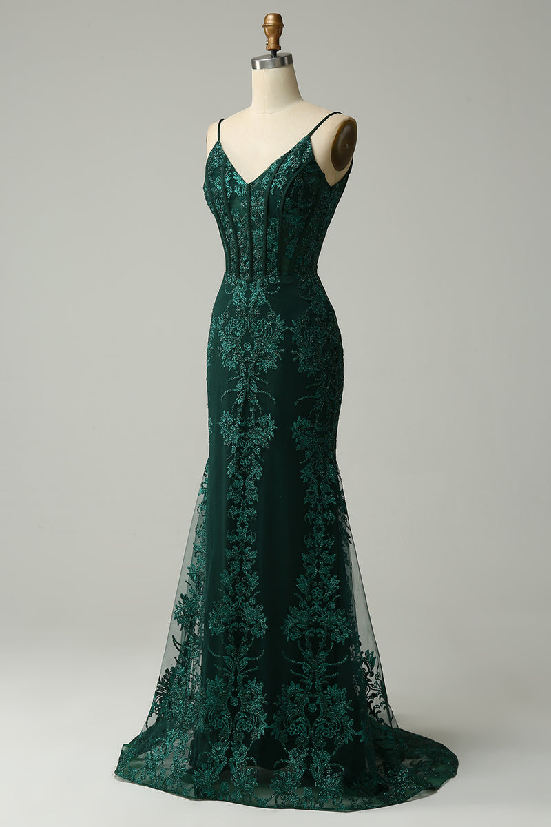 Vintage Green Print Mermaid Party Gown Straps Prom Evening Dress cc1982