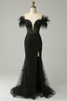 Load image into Gallery viewer, Off the Shoulder Black Mermaid Prom Dress with Feathers