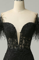 Load image into Gallery viewer, Off the Shoulder Black Mermaid Prom Dress with Feathers