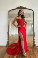 Load image into Gallery viewer, Mermaid Strapless Satin Corset Prom Dress with Slit