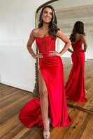 Load image into Gallery viewer, Mermaid Strapless Satin Corset Prom Dress with Slit