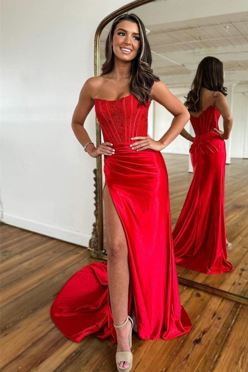 Hellymoon Women Satin Corset Prom Dress with Slit Mermaid Strapless Sleeveless Party Dress with Appliques hellymoonuk Hellymoon Women Satin Corset Prom Dress with Slit Mermaid Strapless Sleeveless Party Dress with Appliques hellymoonuk