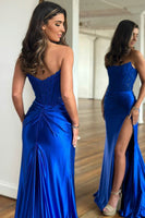 Load image into Gallery viewer, Mermaid Strapless Satin Corset Prom Dress with Slit