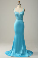Load image into Gallery viewer, Blue Mermaid Spaghetti Straps Sparkly Corset Prom Dress with Beading