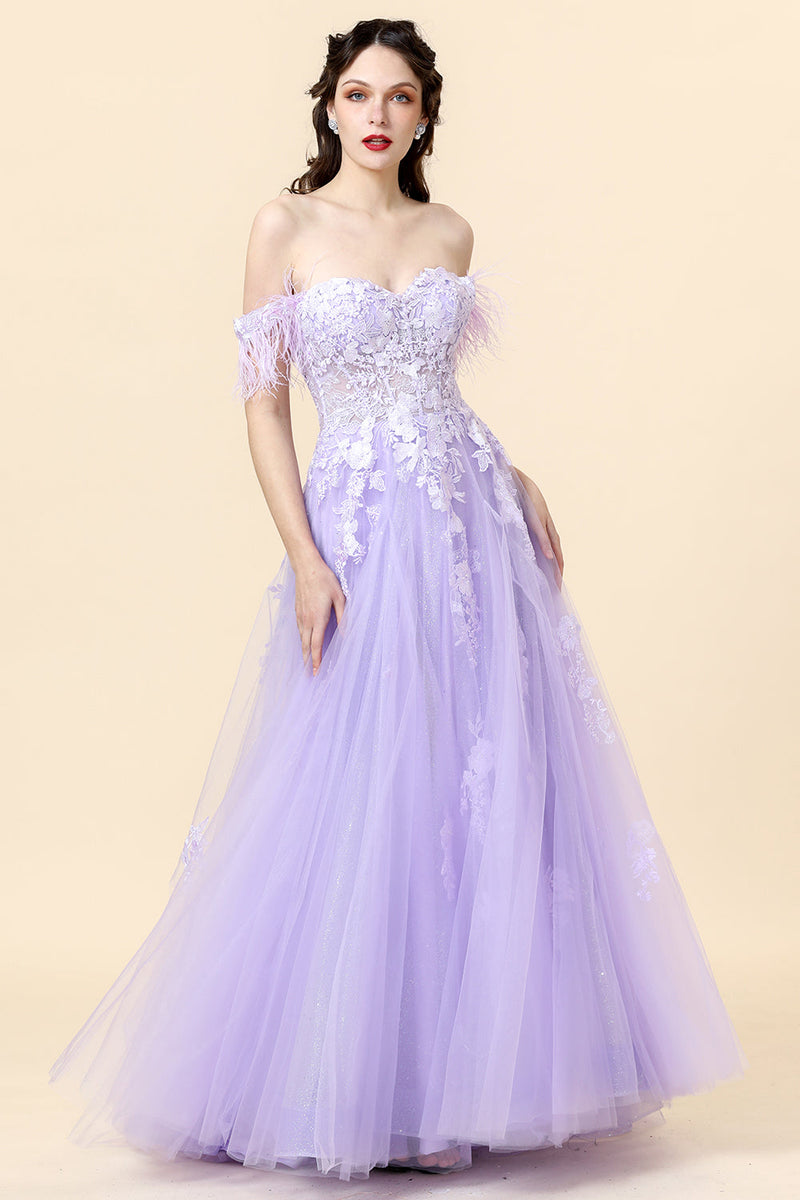 Load image into Gallery viewer, A Line Sweetheart Lavender Long Prom Dress with Appliques