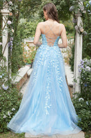 Load image into Gallery viewer, Blue Tulle A Line Prom Dress with Appliques