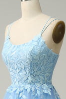 Load image into Gallery viewer, A Line Spaghetti Straps Long Blue Prom Dress with Appliques