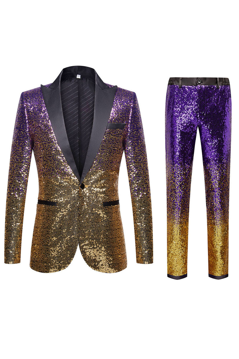 Load image into Gallery viewer, Ombre Sequins Purple Men's 2 Piece Slim Fit Notched Lapel Party Suits