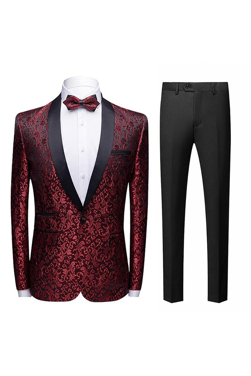 Load image into Gallery viewer, Black Jacquard Shawl Lapel Men's 2 Pieces Suits