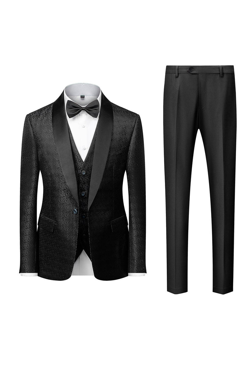 Load image into Gallery viewer, Black Shawl Lapel Jacquard 3 Pieces Men's Suits