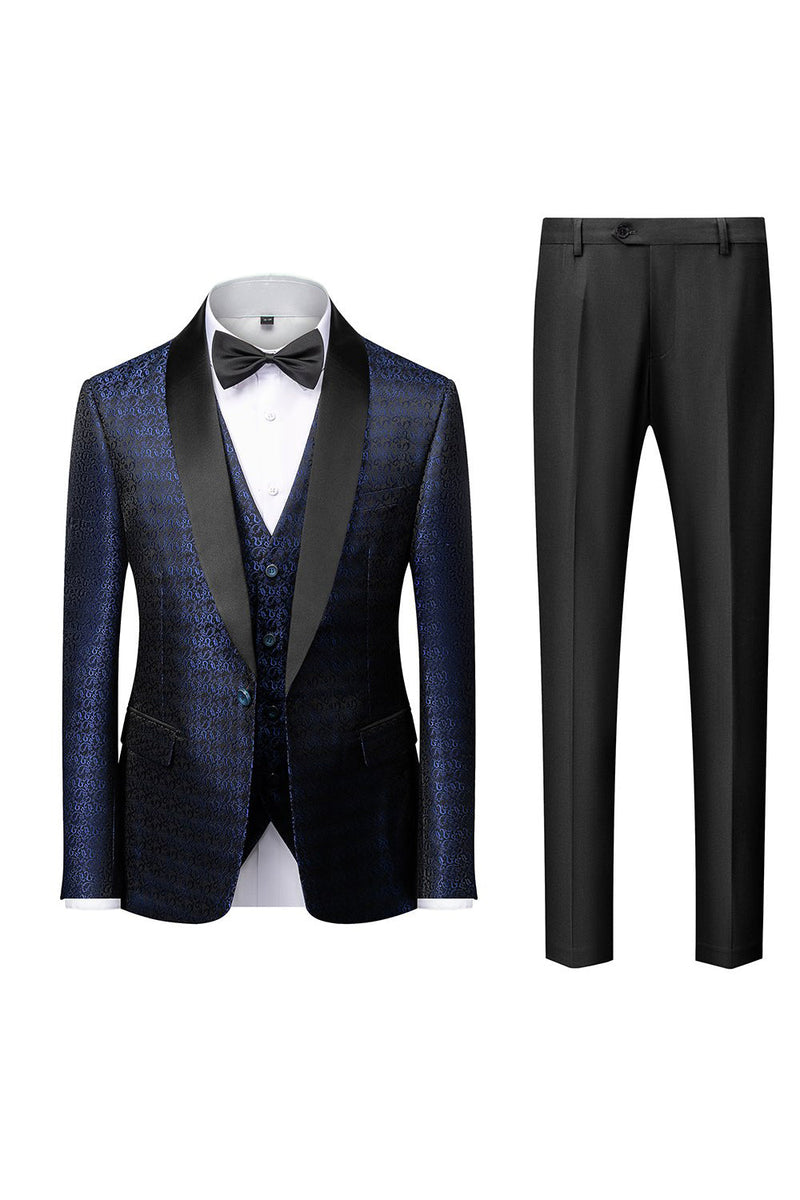 Load image into Gallery viewer, Black Shawl Lapel Jacquard 3 Pieces Men's Suits