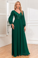 Load image into Gallery viewer, Dark Green A-Line V Neck Long Prom Dress With Sequins