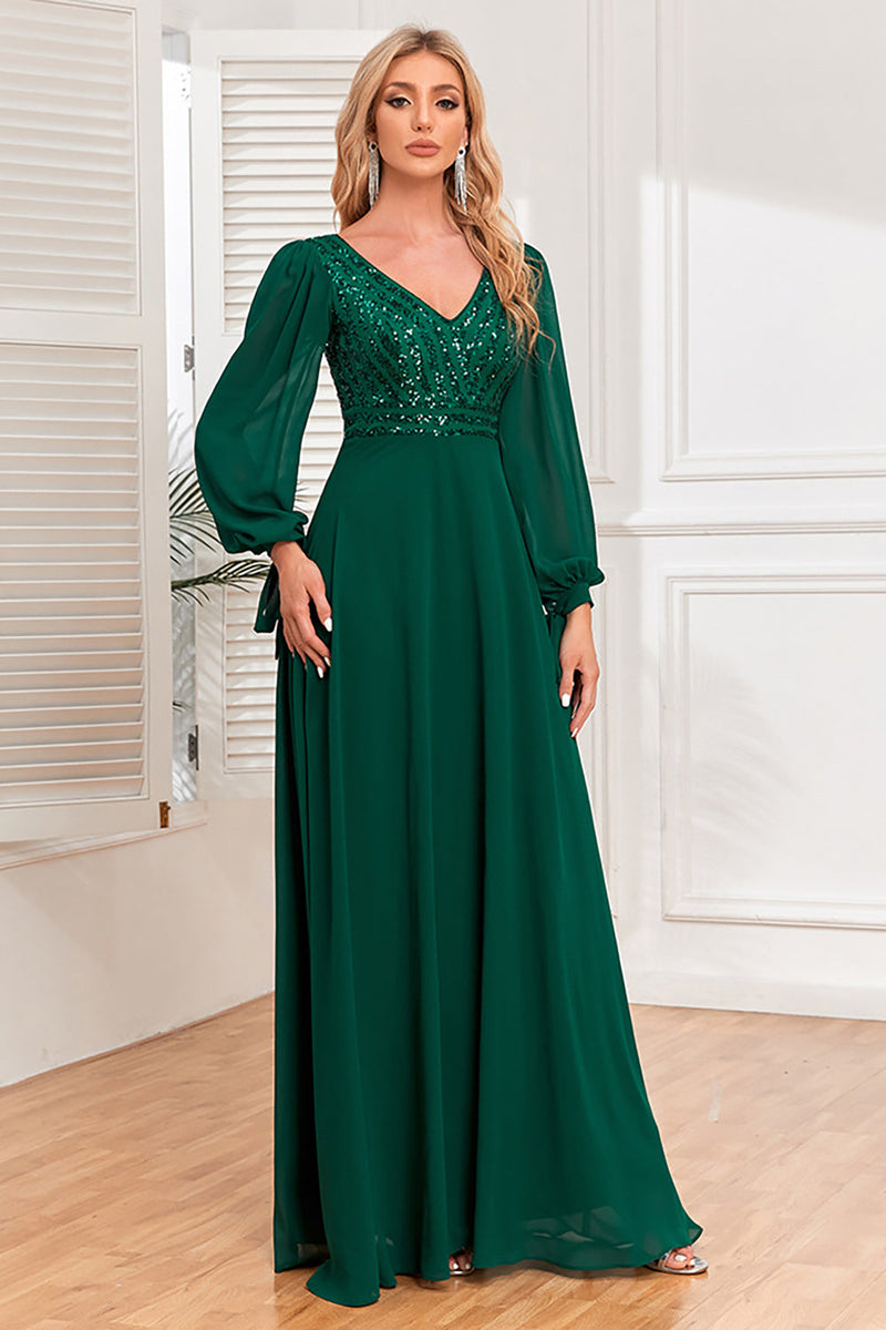 Load image into Gallery viewer, Dark Green A-Line V Neck Long Prom Dress With Sequins