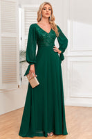 Load image into Gallery viewer, Dark Green A-Line V Neck Long Prom Dress With Sequins