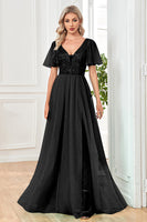 Load image into Gallery viewer, Black A-Line V Neck Long Prom Dress with Sequins