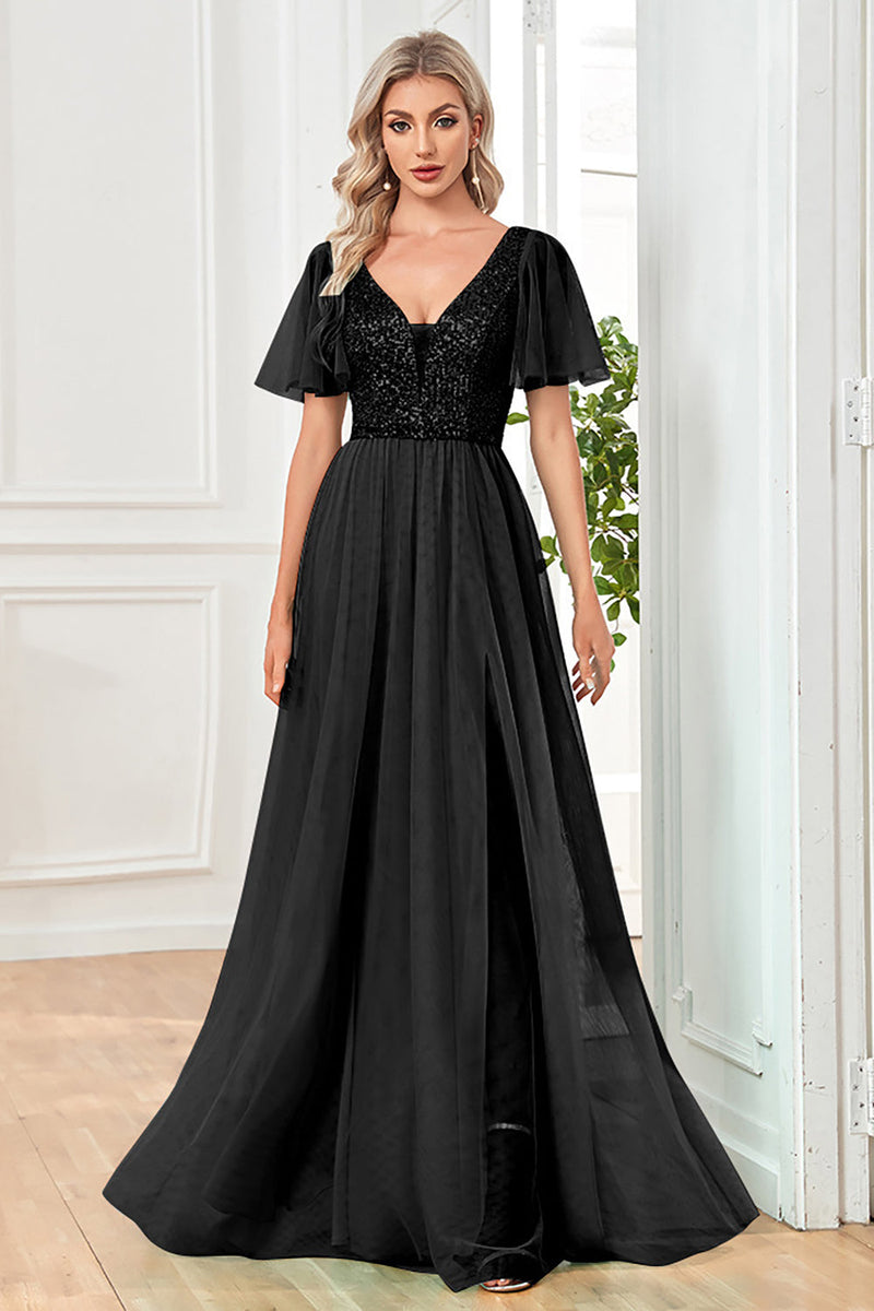 Load image into Gallery viewer, Black A-Line V Neck Long Prom Dress with Sequins