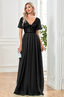 Load image into Gallery viewer, Black A-Line V Neck Long Prom Dress with Sequins