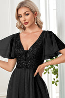 Load image into Gallery viewer, Black A-Line V Neck Long Prom Dress with Sequins