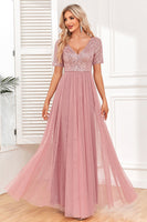 Load image into Gallery viewer, Dusty Rose A-Line V Neck Tulle Prom Dress with Short Sleeves