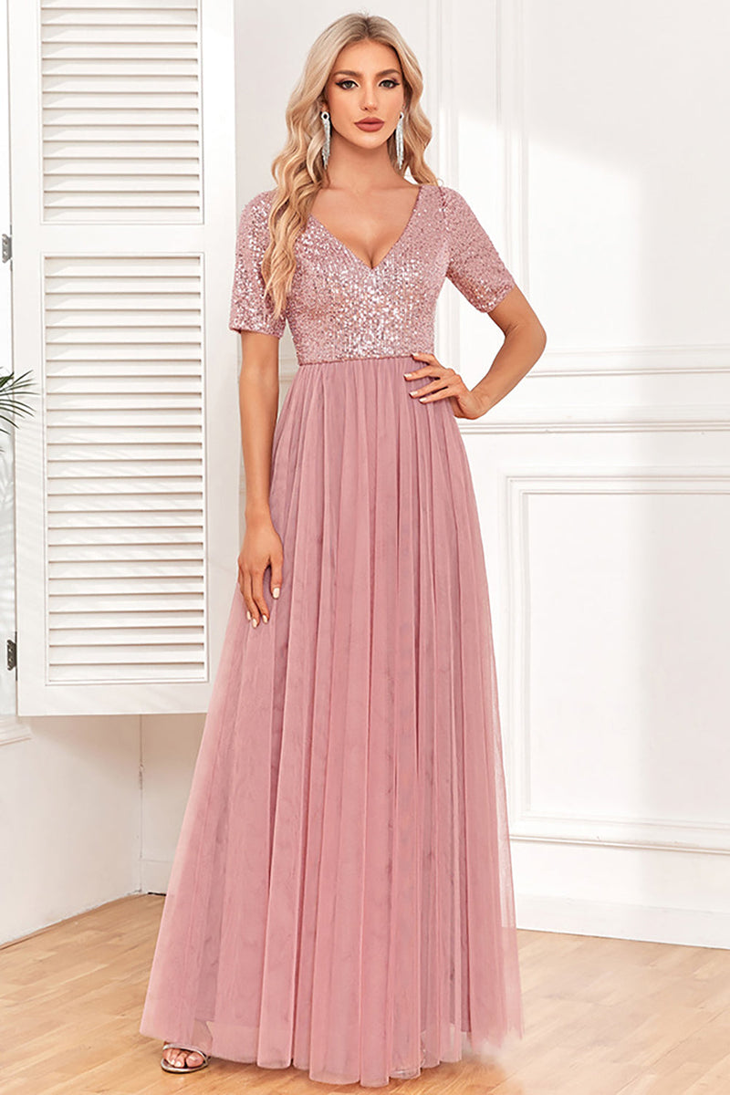 Load image into Gallery viewer, Dusty Rose A-Line V Neck Tulle Prom Dress with Short Sleeves