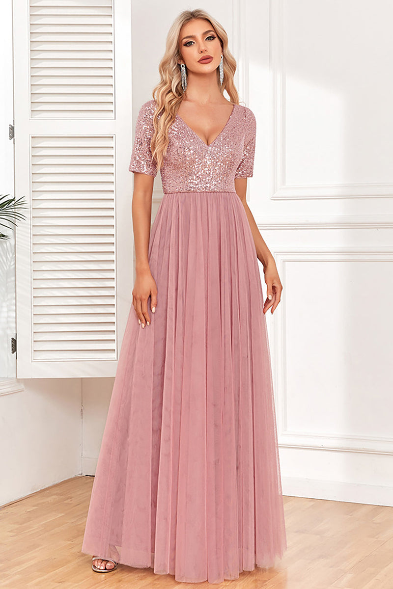 Load image into Gallery viewer, Dusty Rose A-Line V Neck Tulle Prom Dress with Short Sleeves