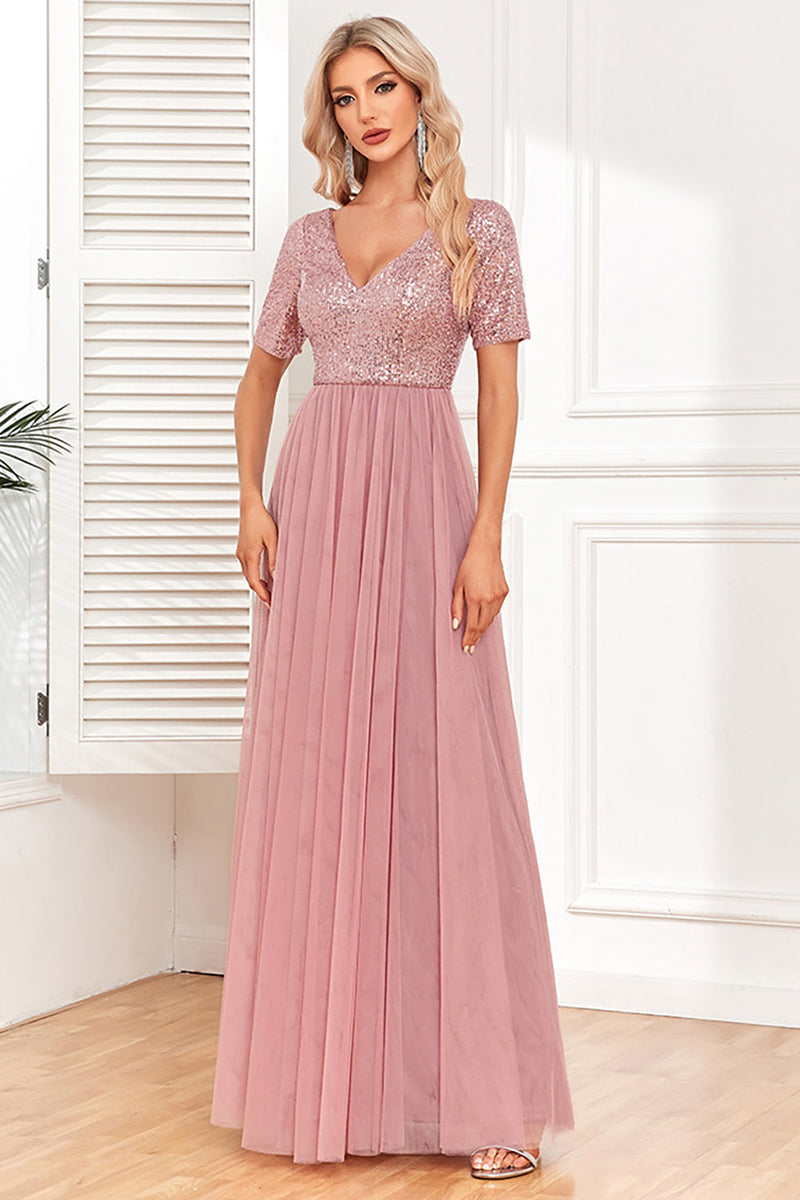 Load image into Gallery viewer, Dusty Rose A-Line V Neck Tulle Prom Dress with Short Sleeves