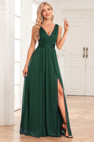 Load image into Gallery viewer, A-Line Sparkly V-Neck Dark Green Prom Dress with Slit