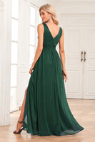 Load image into Gallery viewer, A-Line Sparkly V-Neck Dark Green Prom Dress with Slit