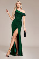 Load image into Gallery viewer, Glitter Dark Green Mermaid One Shoulder Long Prom Dress with Slit
