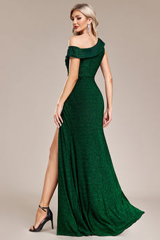 Glitter Dark Green Mermaid One Shoulder Long Prom Dress with Slit