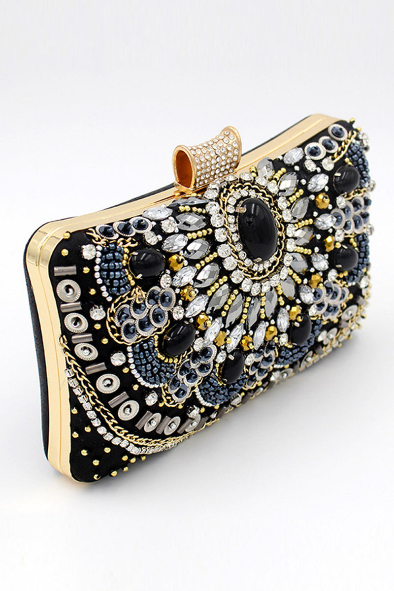 Load image into Gallery viewer, Black Beaded Shoulder Chain Evening Clutch