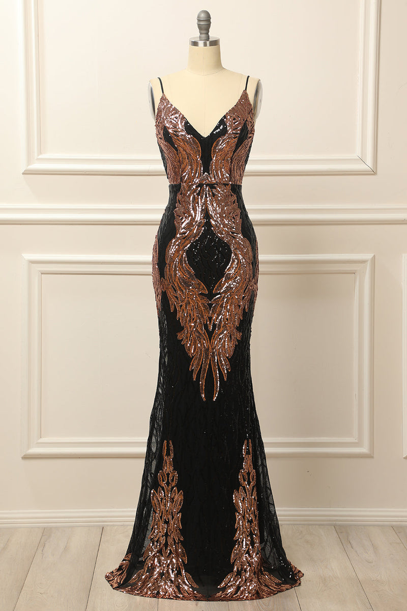 Black and Gold Sequins Long Prom Dress