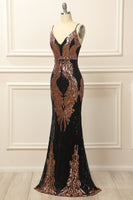 Load image into Gallery viewer, Black and Gold Sequins Long Prom Dress