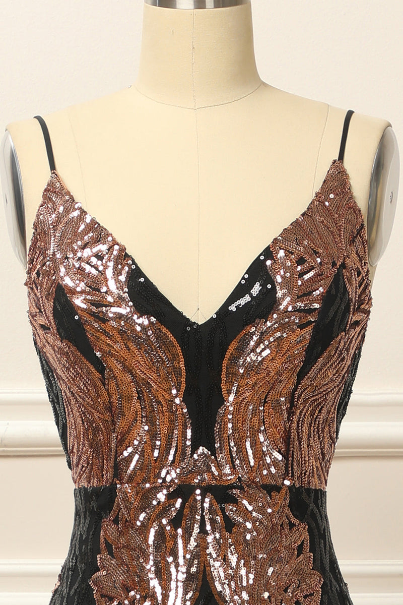 Load image into Gallery viewer, Black and Gold Sequins Long Prom Dress