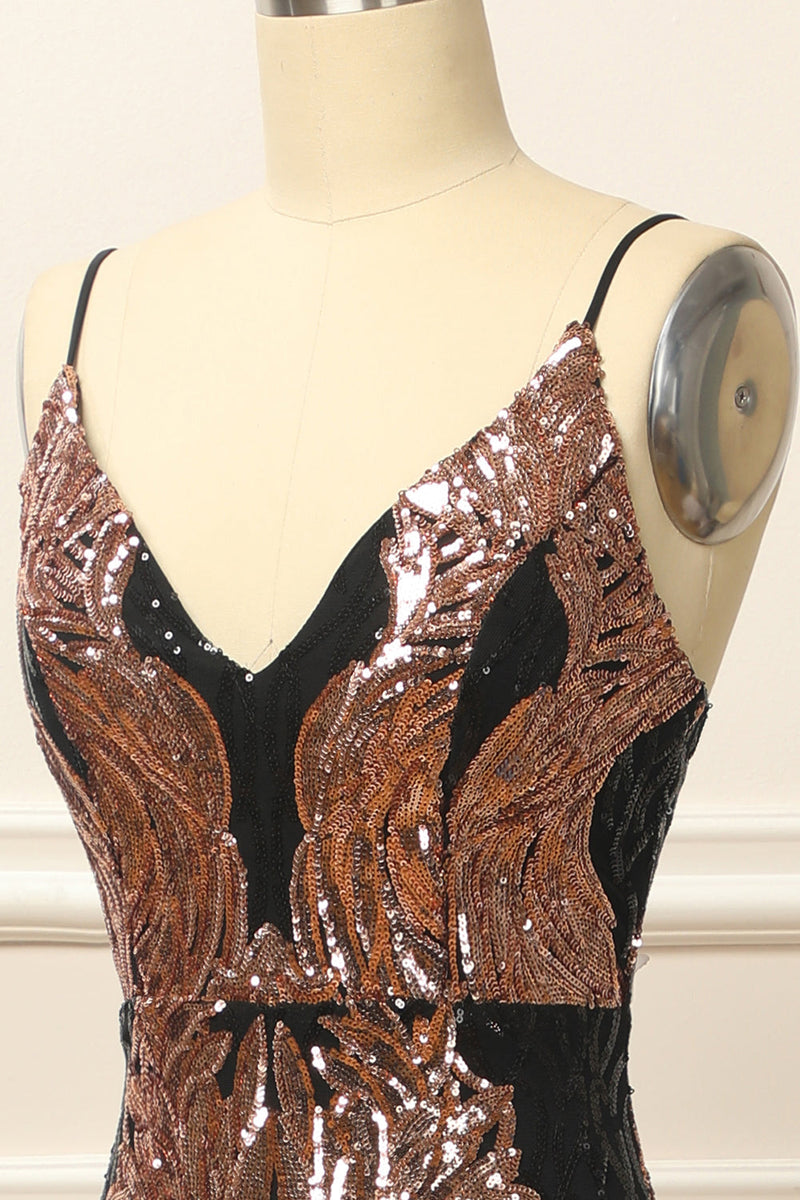 Load image into Gallery viewer, Black and Gold Sequins Long Prom Dress