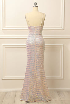 Apricot Sequins Ruched Long Prom Dress with Slit