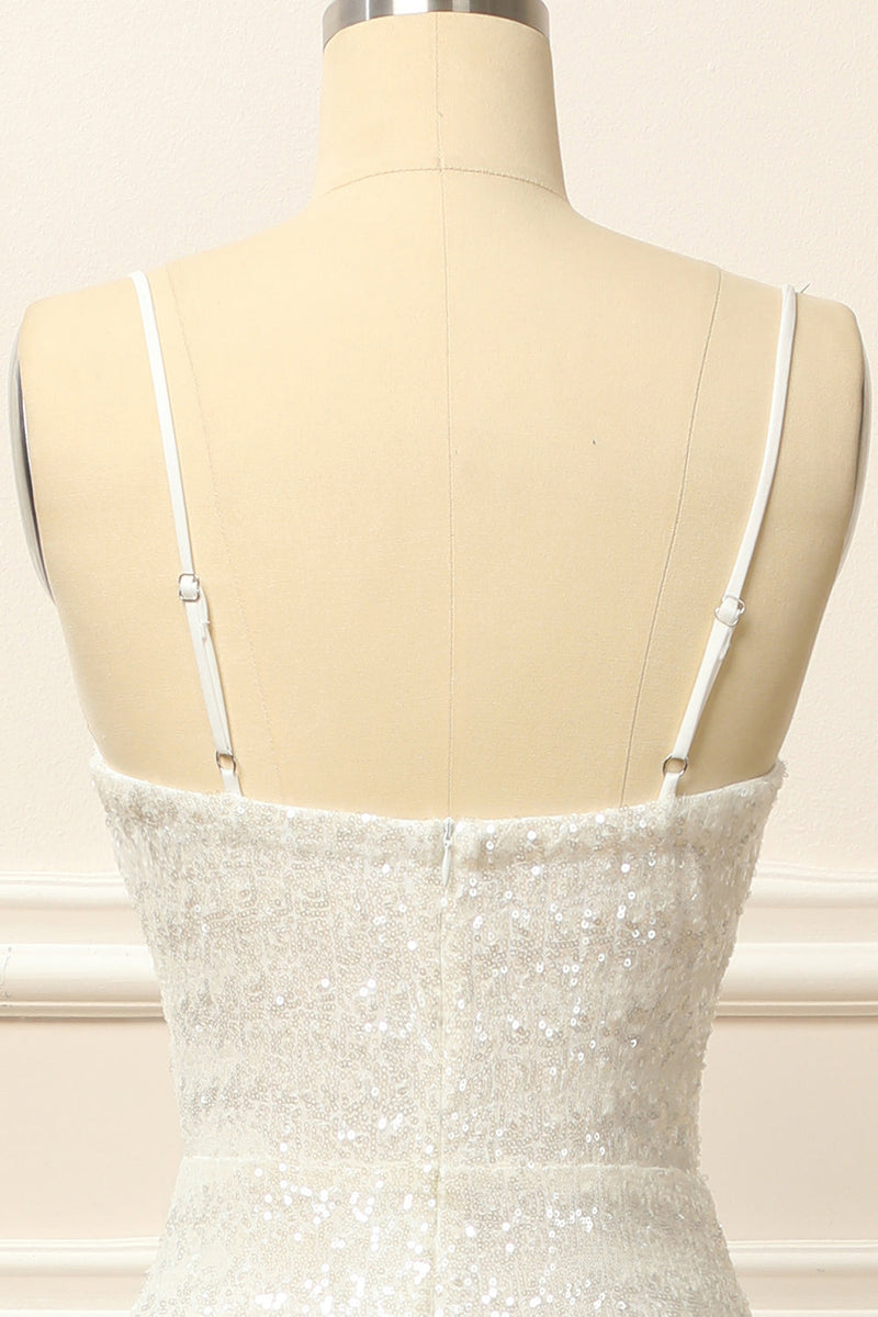 Load image into Gallery viewer, White Sequins Ruched Long Prom Dress with Slit