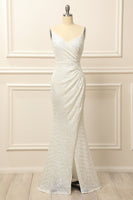 Load image into Gallery viewer, White Sequins Ruched Long Prom Dress with Slit