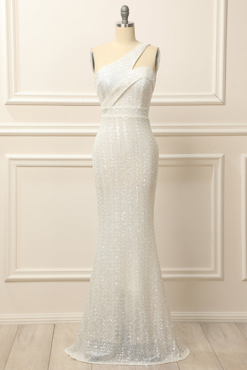 Load image into Gallery viewer, Mermaid One Shoulder White Sequins Long Prom Dress