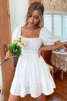 Load image into Gallery viewer, Square Neck Mini White Graduation Dress With Short Sleeves